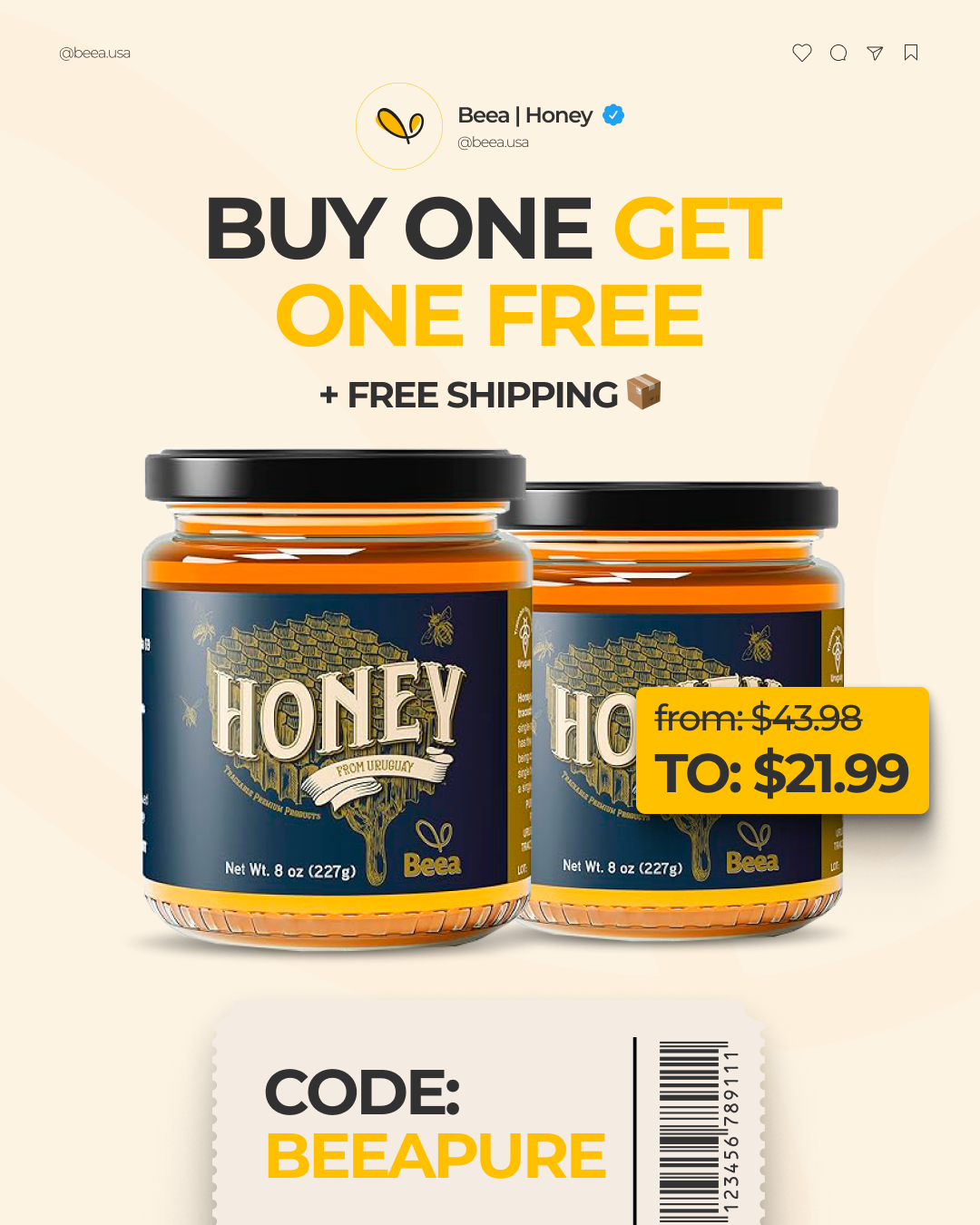 Premium Honey + FREE Wood Dipper (CODE: BEEAPURE)