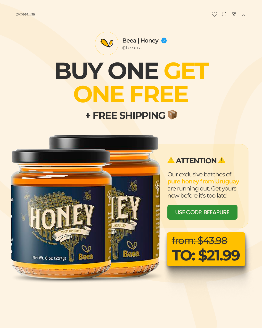 Premium Honey + FREE Wood Dipper (CODE: BEEAPURE)